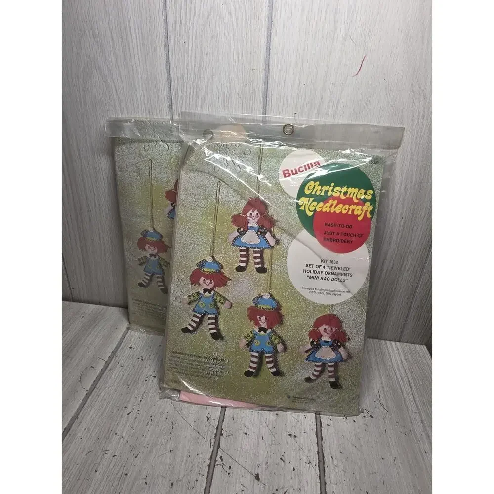 Vtg Bucilla Christmas Needlecraft Kit 1638 Jeweled Rag Doll Ornament Set 2 NIP